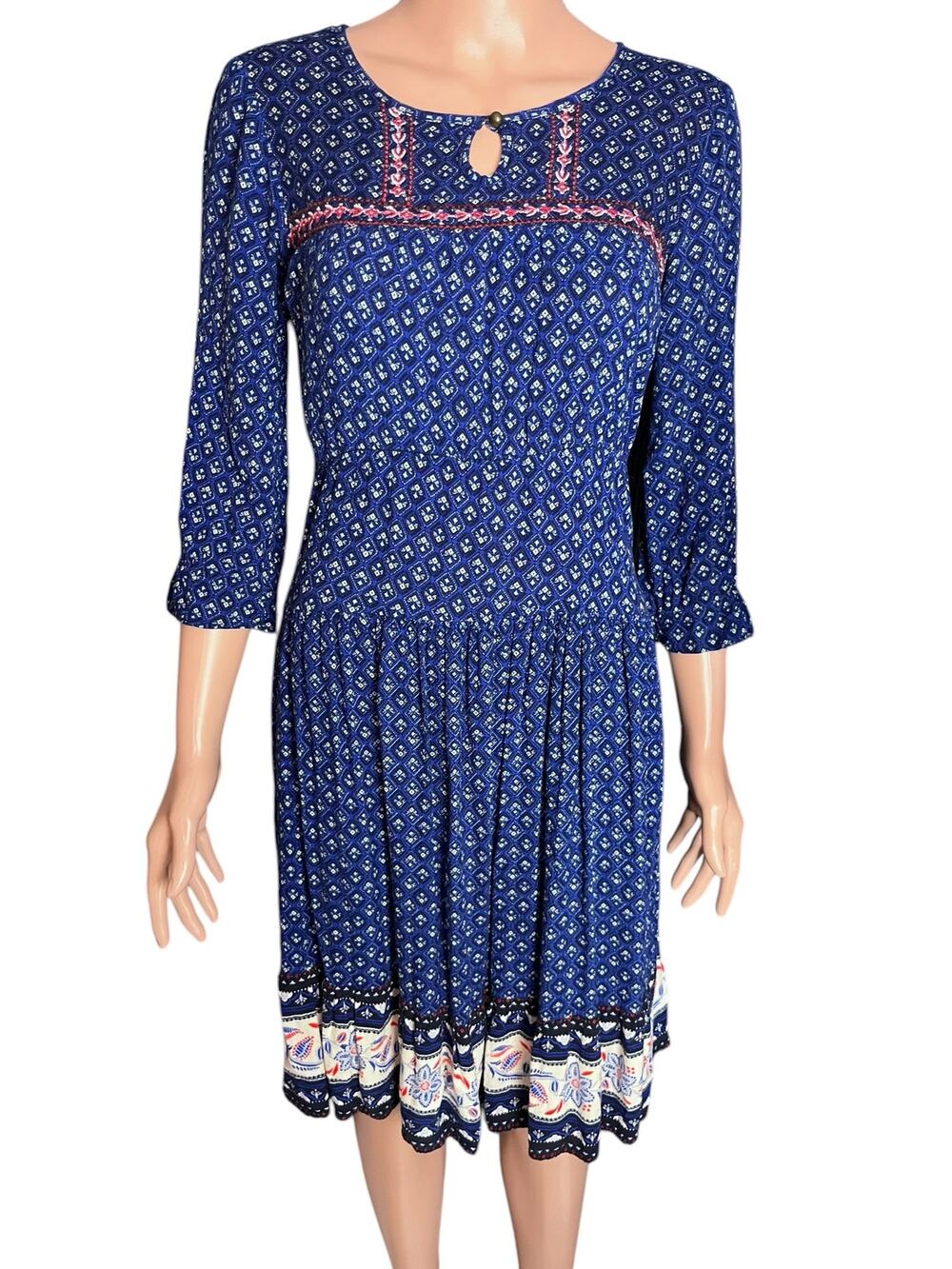 Old Navy Boho Patterned Midi Dress Large Blue Diamonds Embroidered Workwear
